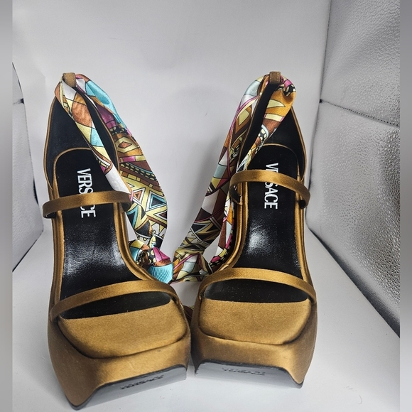 Versace Sandals 3 Strap Satin Platform Wedge Sandals SZ 5 - Picture 3 of 7